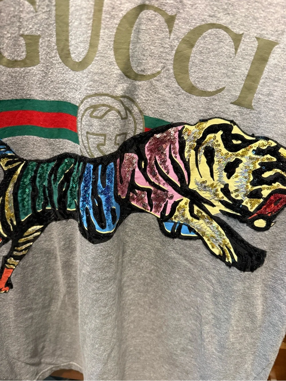 Gucci Men's unisex Grey Multicolor Tiger Logo T-Shirt